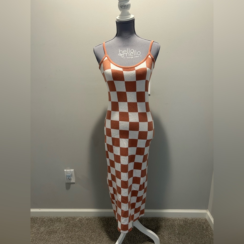 Dusty Pink and White Checkered Midi Dress